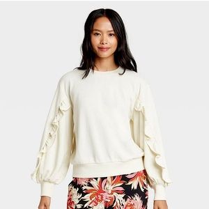 Who What Wear Cream Ruffle Sleeve Pullover Sweater Knit Feminine Chic